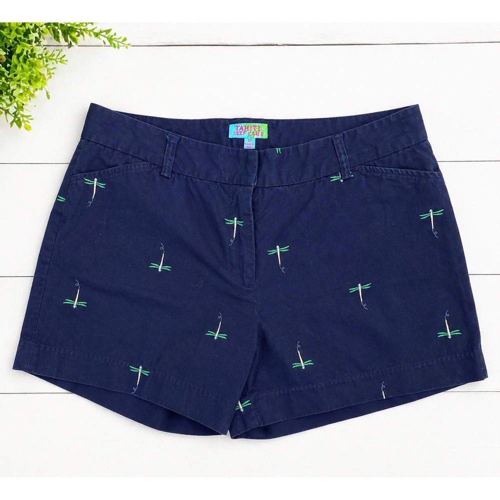 Tahiti Reef Club Shorts Chino 12 Navy Blue Dragonfly Embroidered Preppy Coastal